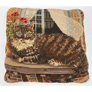Vtg Long Haired Kitty Cat Needlepoint Embroidered Pillow 13x13 Handmade